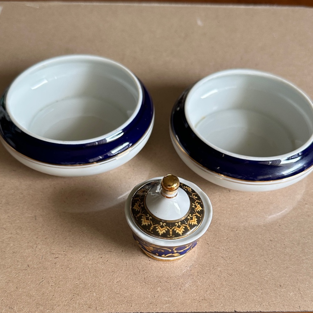 Limoges Cobalt Blue and Gold Porcelain Trinket Bowls with Lidded Jar